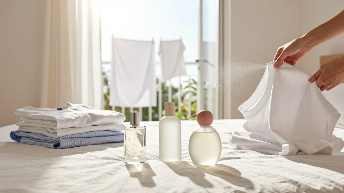 Hands spraying perfume on a white garment with folded clothes and fresh laundry drying in the background.