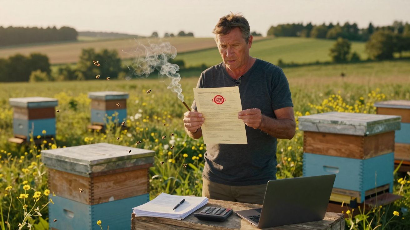 A man inspecting a document beside beehives in a field with laptop, calculator, and papers on a wooden table.