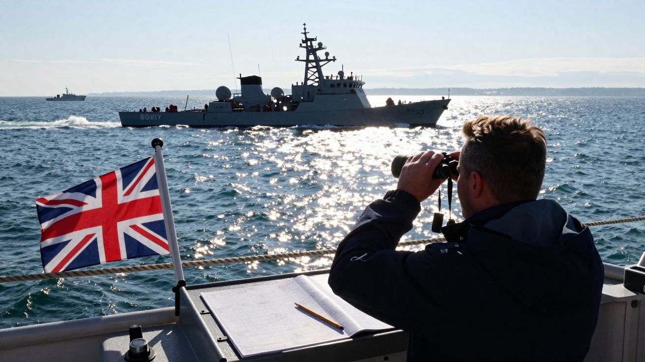 Person on boat with Union Jack flag using binoculars to observe a navy vessel on a sunlit sea.