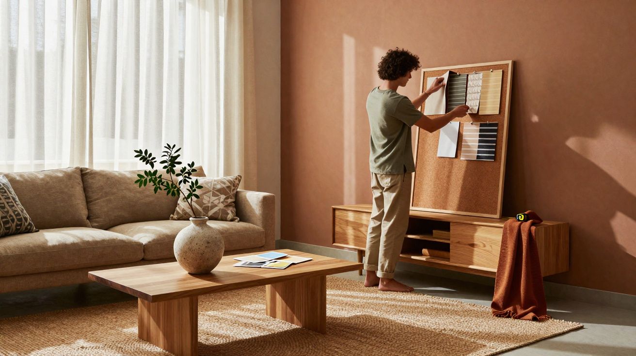 Person arranging notes on a corkboard in a sunlit cosy living room with wooden furniture and a beige sofa.