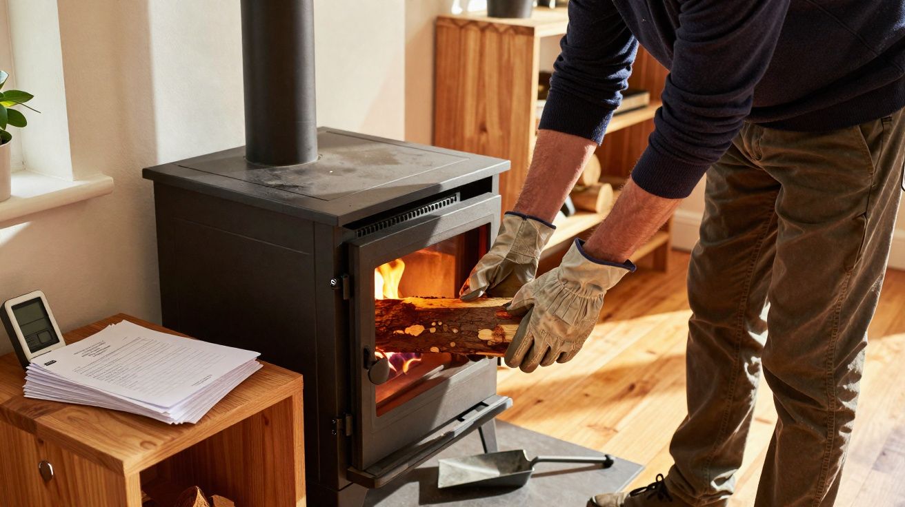 Person wearing gloves placing a log into a lit wood-burning stove in a cosy room with wooden flooring.