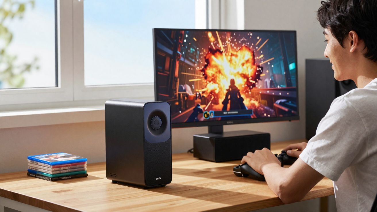 Person playing action video game on desktop with black speaker and stack of games on desk by window