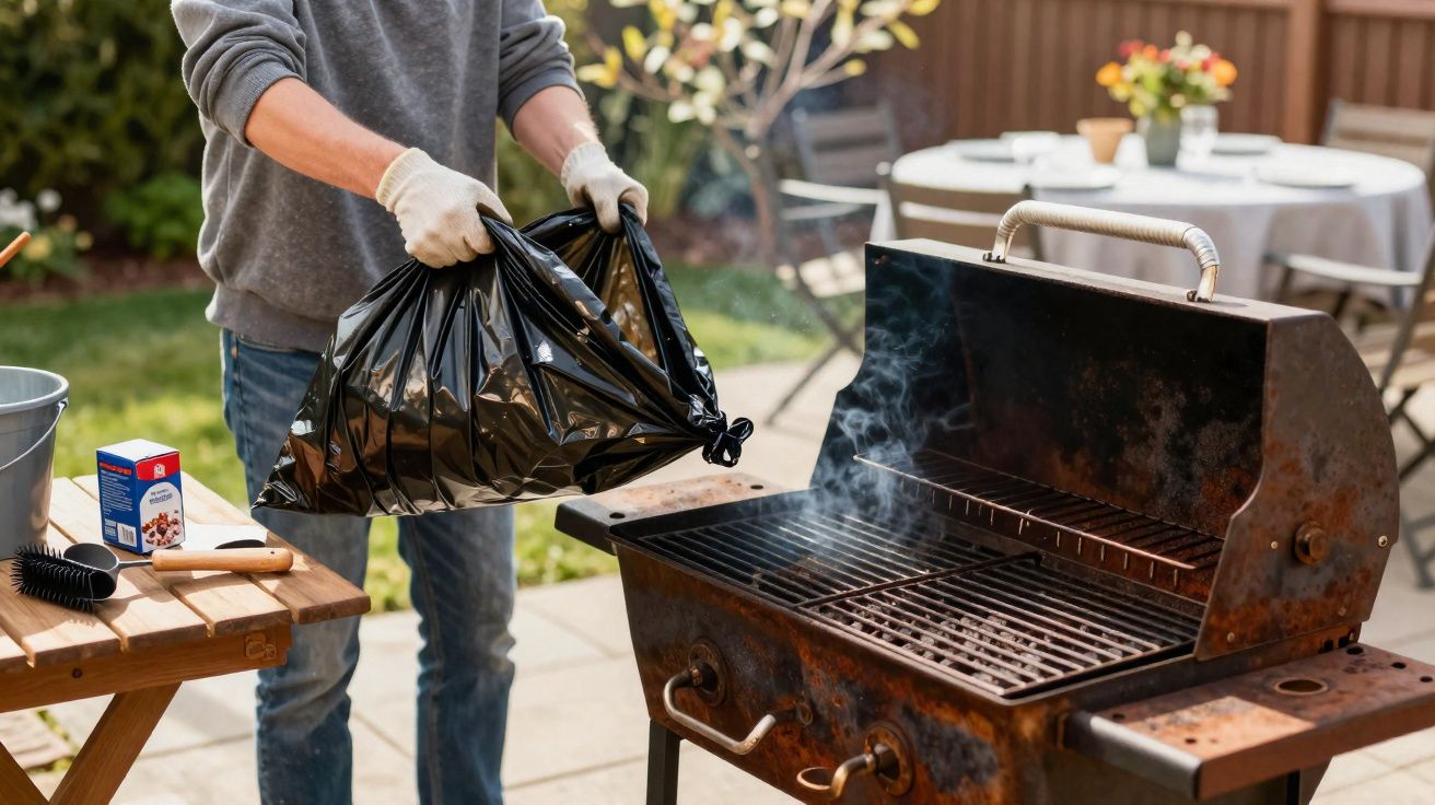 Person wearing gloves placing a tied black bin bag into a smoking rusty outdoor barbecue grill.