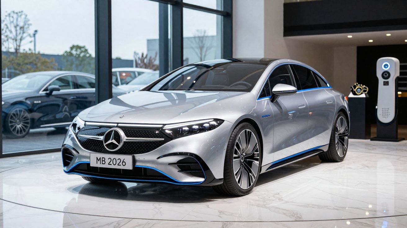 Silver Mercedes-Benz electric car displayed in showroom with large windows and charging station visible.
