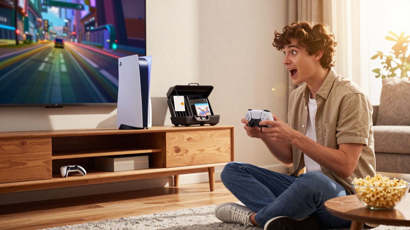 Young man excitedly playing a video game on a console in a bright living room with popcorn nearby.