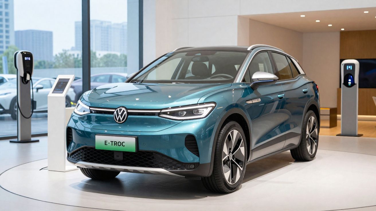 Teal Volkswagen E-TROC electric SUV displayed indoors with charging stations in the background and control panels nearby.