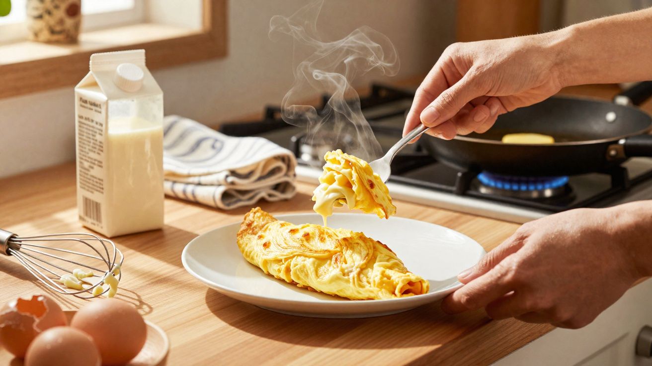 Steaming folded omelette on white plate with fork lifting a bite in a sunlit kitchen.