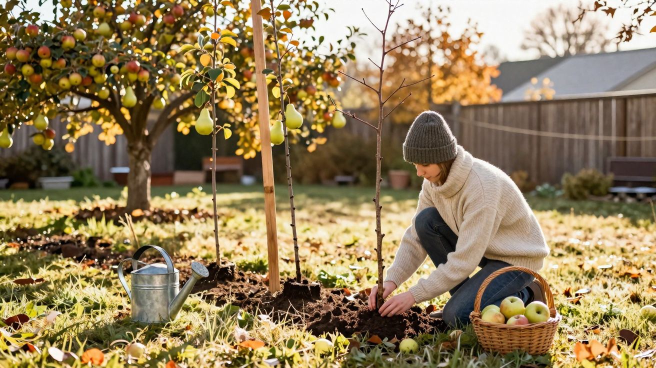 Woman planting a young tree in a garden with a basket of apples and a watering can nearby on a sunny autumn day.