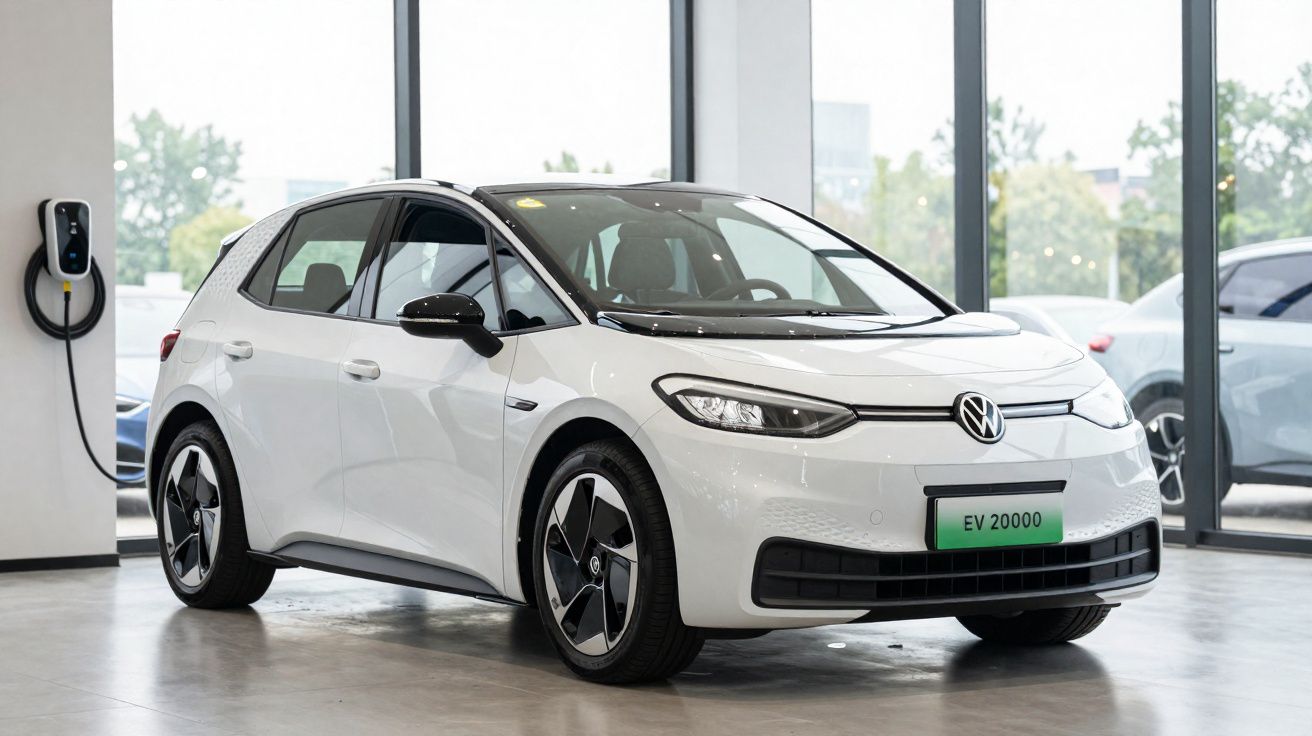 White Volkswagen electric hatchback parked inside showroom with charging station on wall in background.