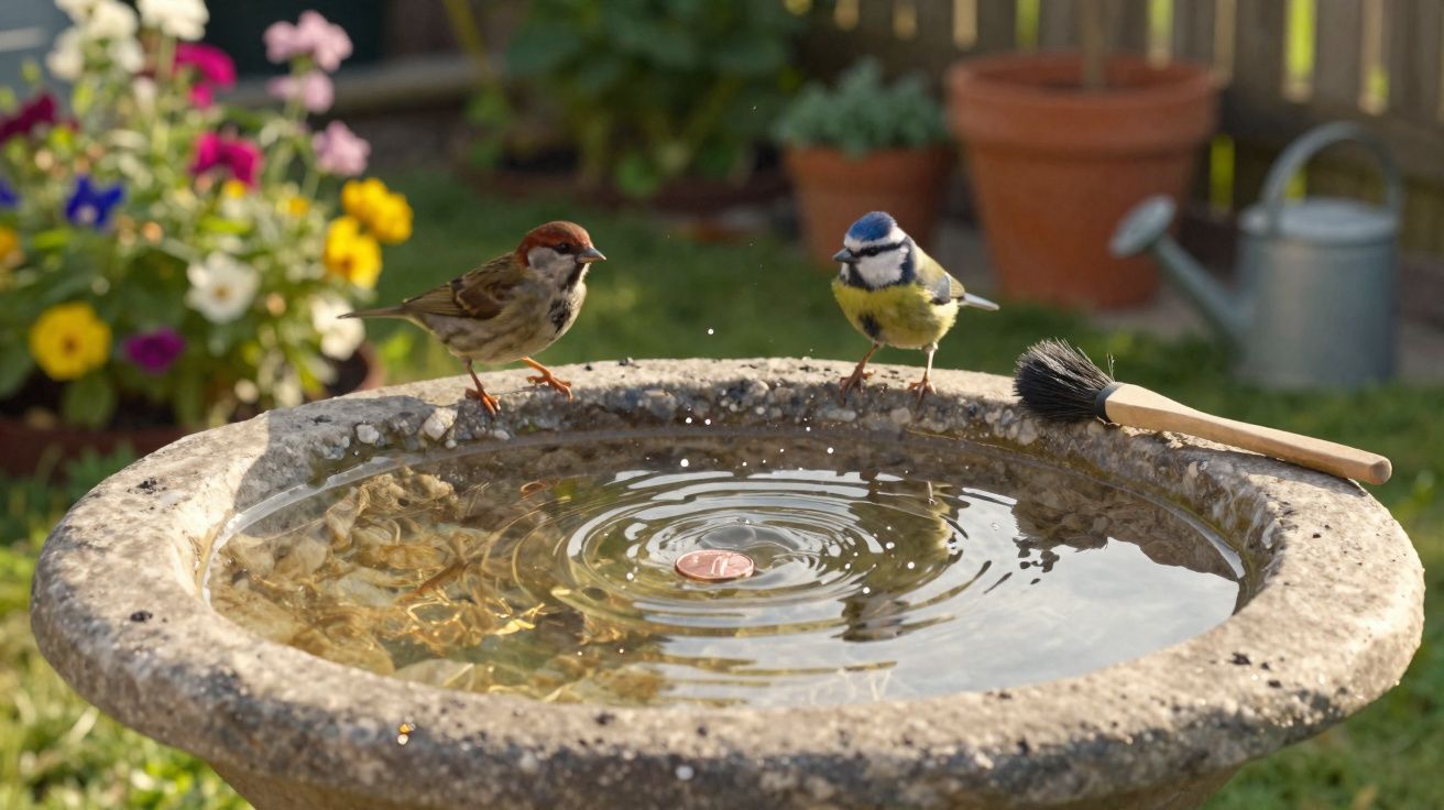 Small brown sparrow and blue tit perched on the edge of a stone birdbath with rippling water and garden background.