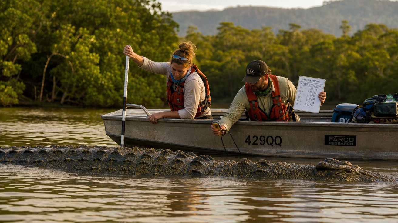 Two researchers in a boat measuring and recording data on a large group of crocodiles in the water.