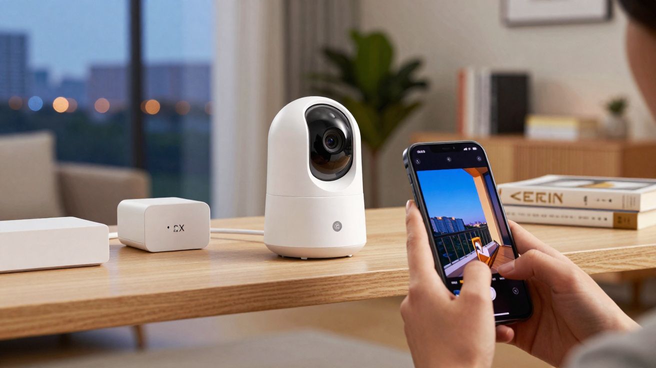 Person viewing a balcony live feed on a smartphone from a white indoor security camera on a wooden table.