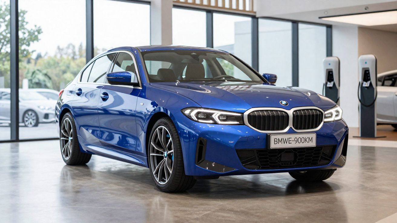 Blue BMW sedan parked inside a modern showroom with large windows and electric vehicle chargers.