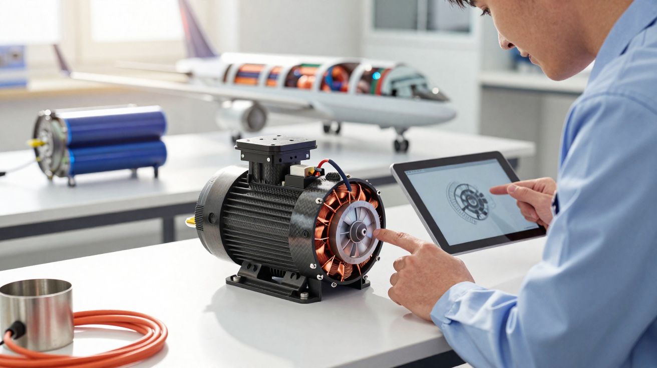 Engineer examining an electric motor model with a tablet displaying its technical diagram in a bright workspace.