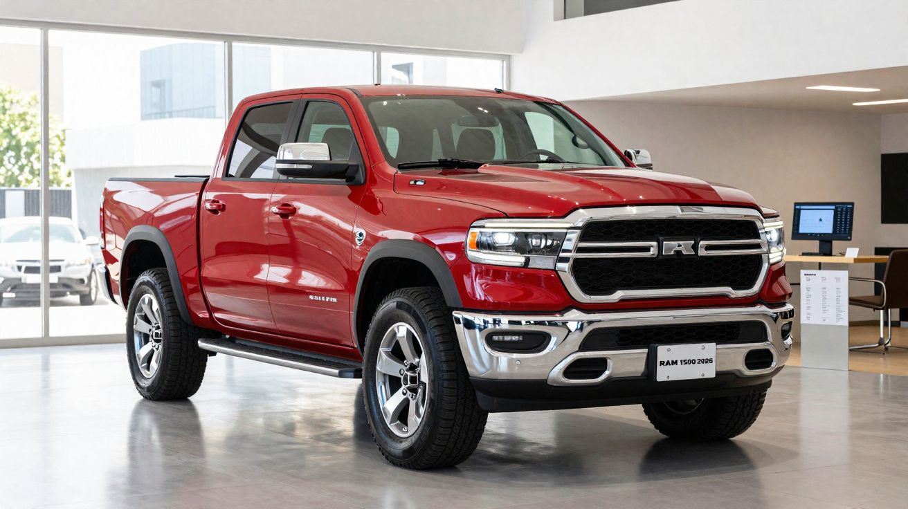 Red RAM 1500 pickup truck displayed inside a modern showroom with polished concrete floors.