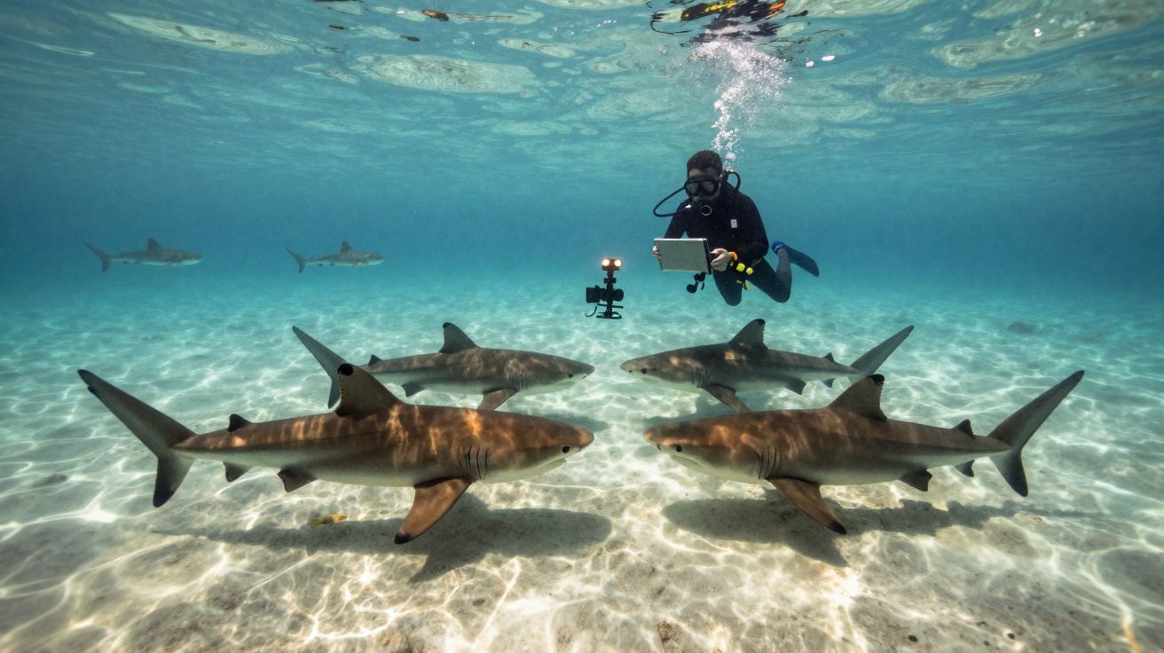 Scuba diver filming a group of hammerhead sharks swimming close to the sandy sea floor.