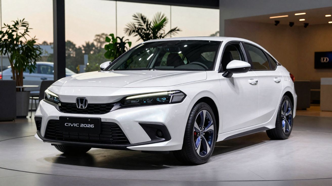 White 2026 Honda Civic sedan displayed indoors with modern plants and soft lighting.