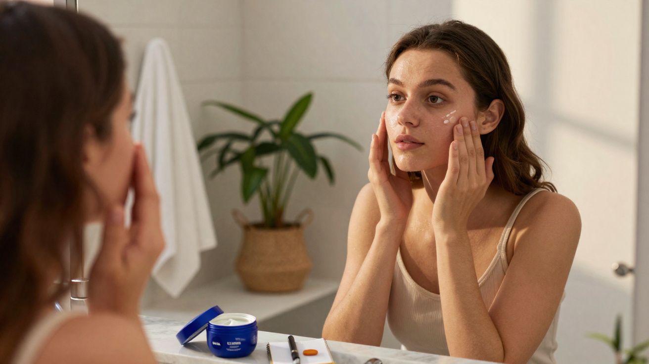 Young woman applying face cream in front of a bathroom mirror with skincare products on the counter.