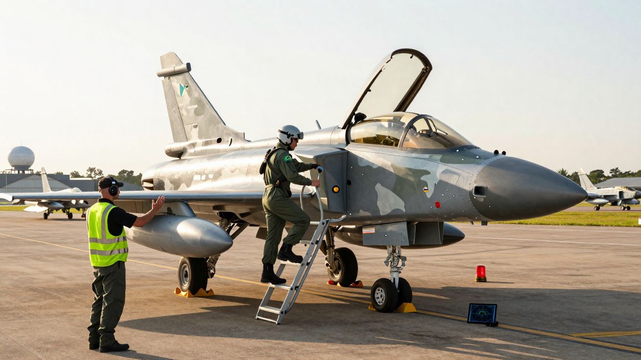 Pilot climbing ladder into camouflaged military jet on runway with ground crew guiding nearby