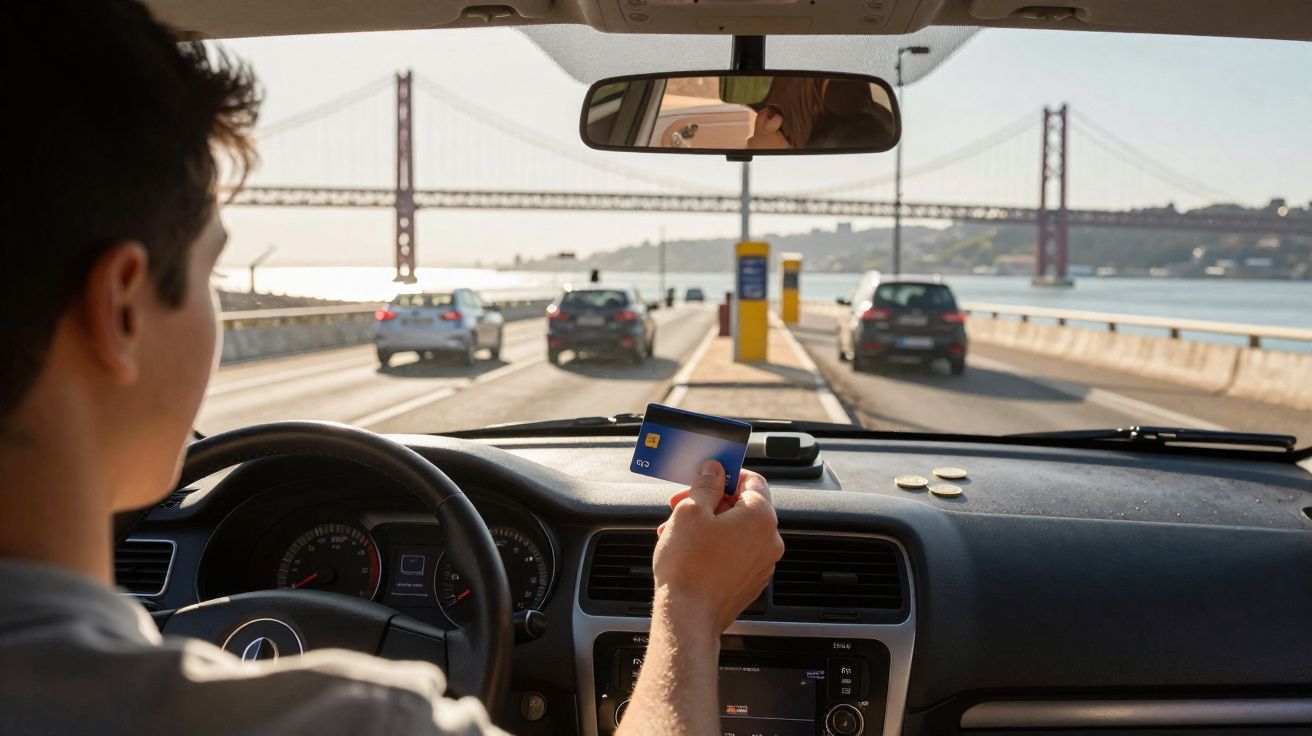Driver holding a contactless card inside a car approaching a toll with a bridge and waterway ahead.