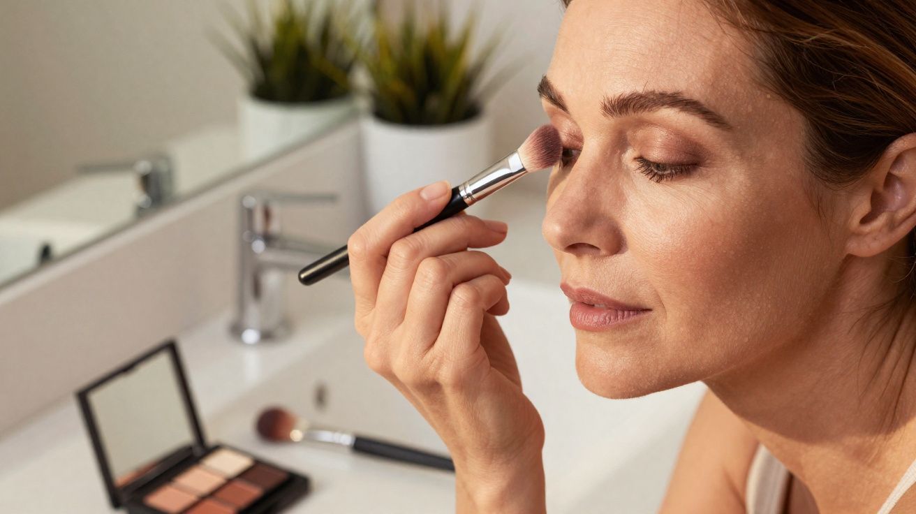 Woman applying eyeshadow with a brush in front of a bathroom mirror, with makeup palette and plants in background.