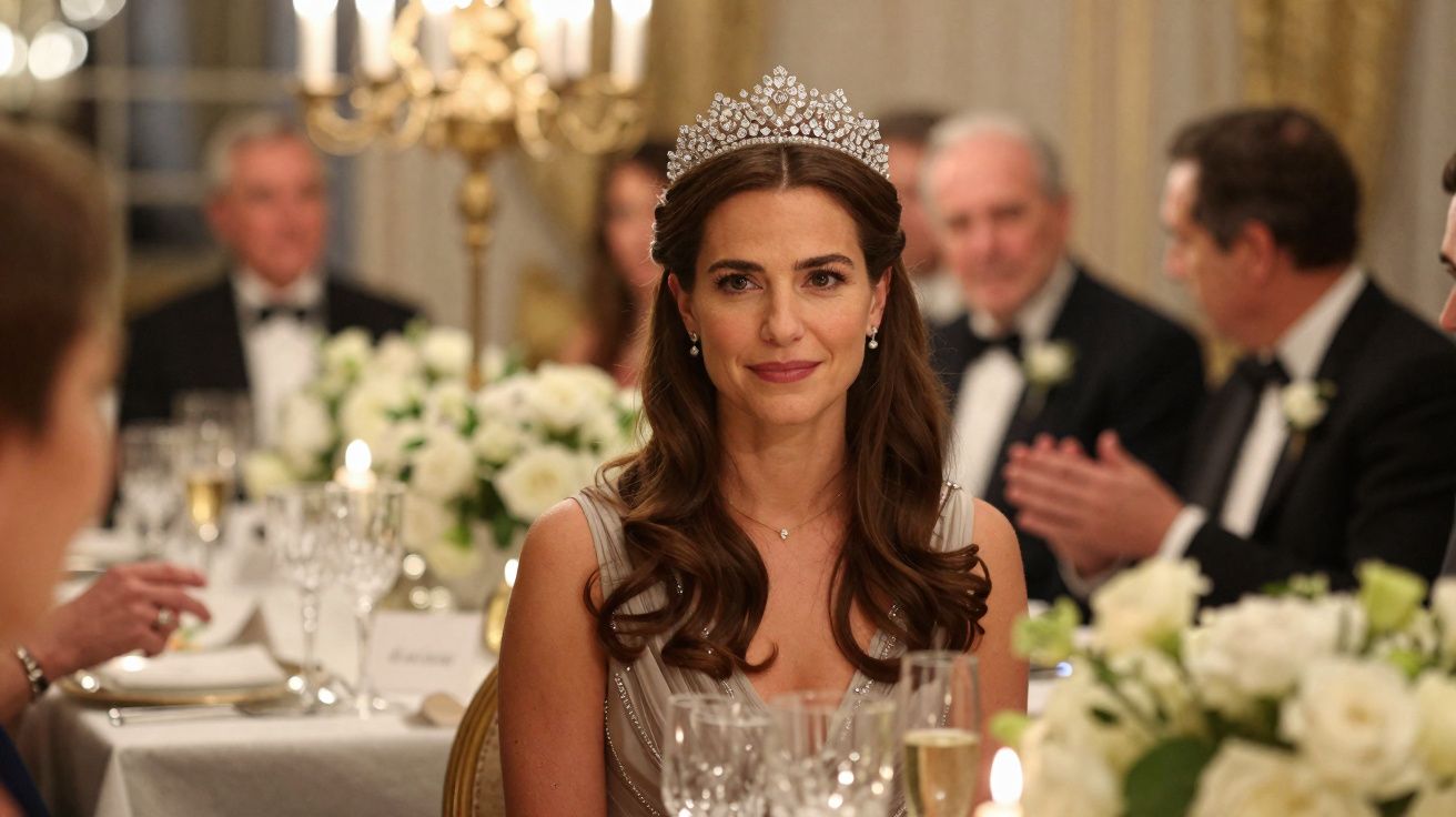 A woman wearing a tiara and elegant dress sits at a formal dinner table with guests in the background.