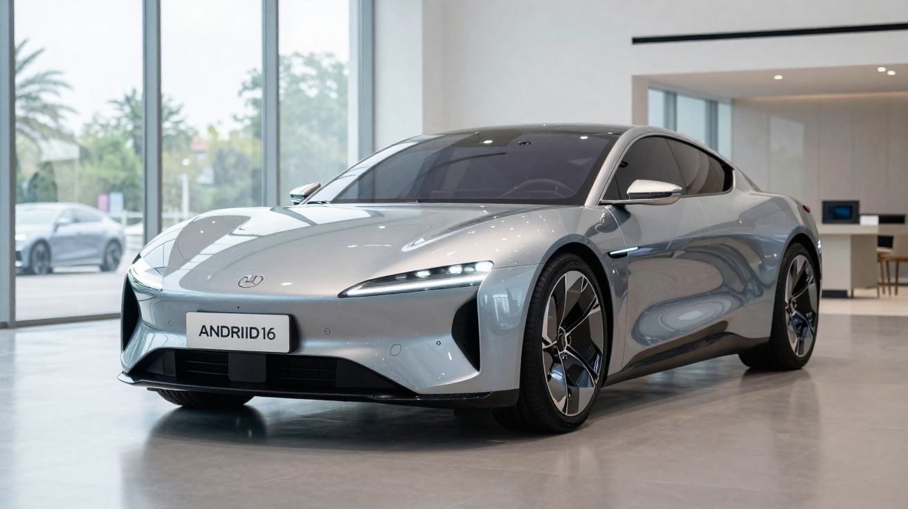 Silver futuristic electric car displayed in a modern showroom with large windows and sleek design.