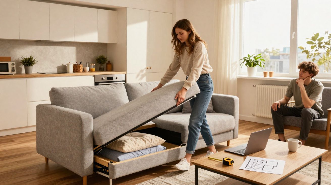 Woman lifting storage compartment in sofa bed while man watches in bright living room with laptop on table