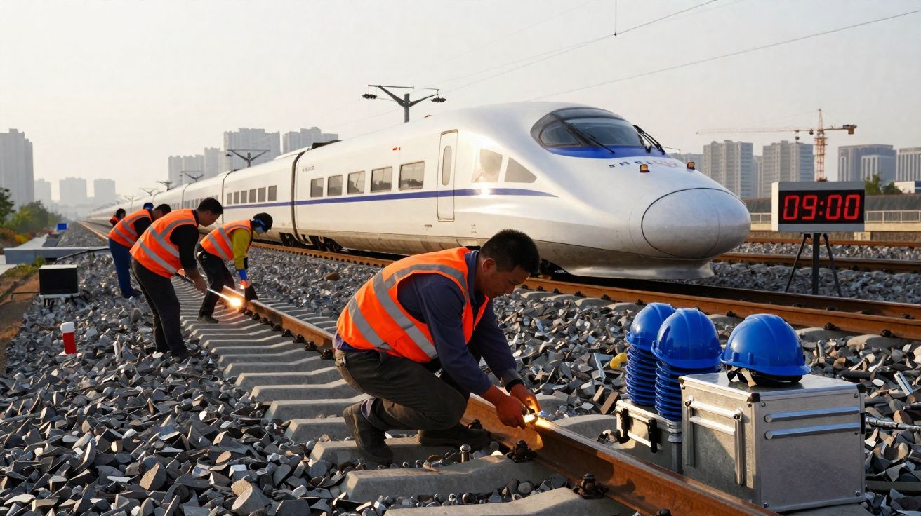 Workers in orange vests inspecting railway tracks next to a high-speed train under a digital clock showing 09:00.