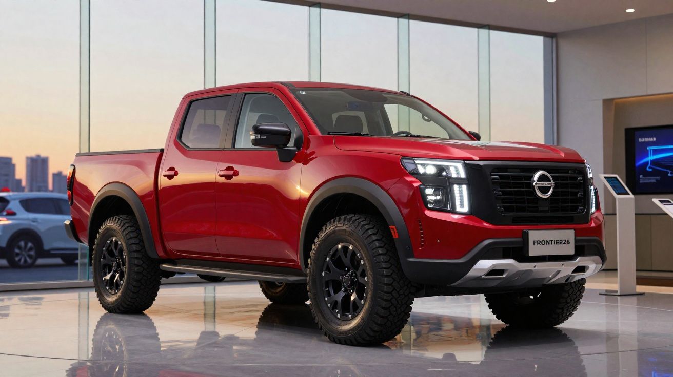Red Nissan Frontier 2026 pickup truck displayed indoors with rugged tyres and modern headlights.