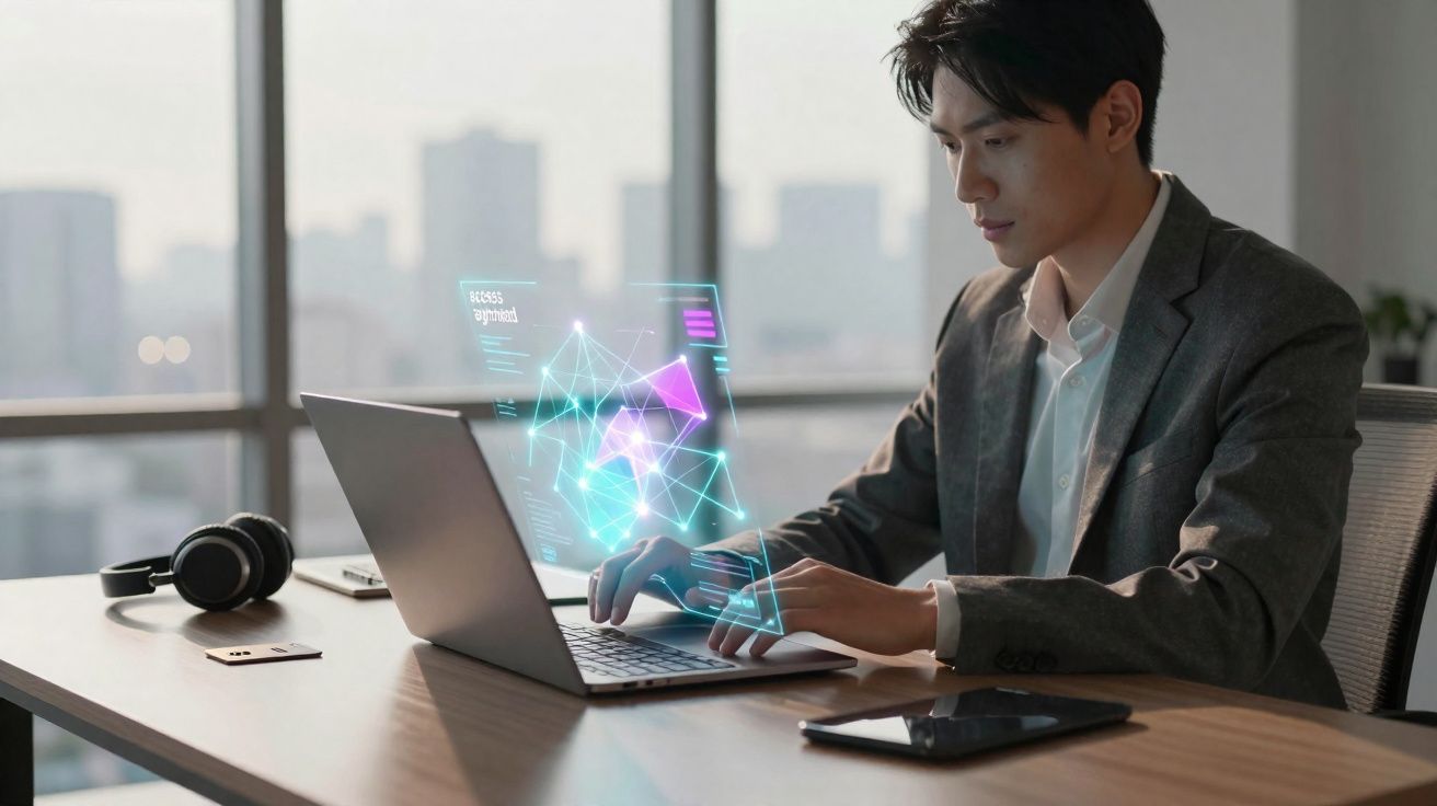 Young businessman in suit using laptop with digital holographic interface in modern office.