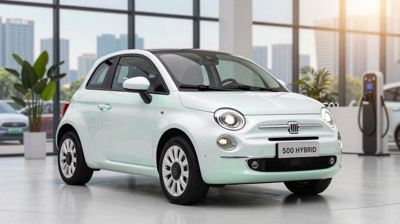 White Fiat 500 Hybrid car displayed indoors near electric charging stations and large glass windows.