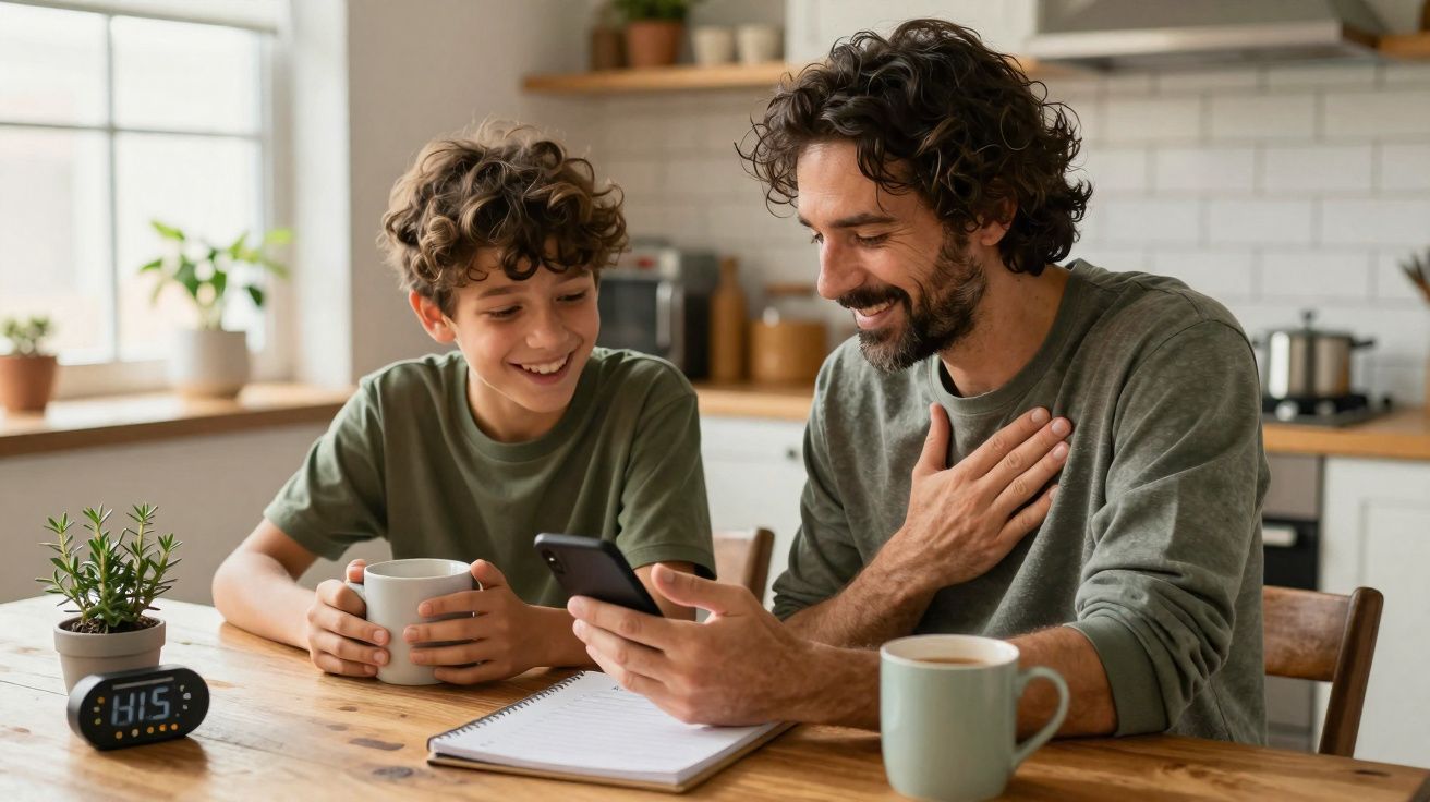 Father and son smiling and looking at a smartphone while sitting at a kitchen table with mugs and plants.