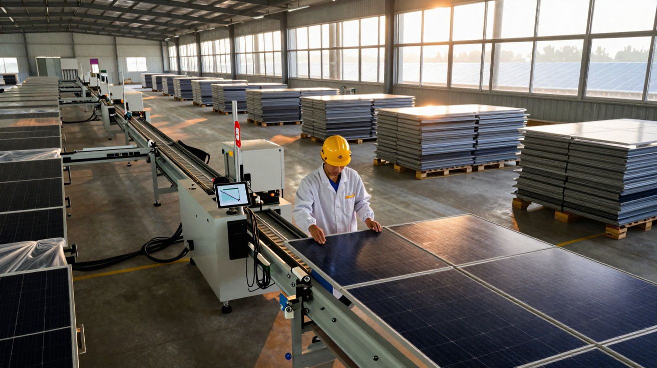 Worker in a yellow hard hat inspecting solar panels on a conveyor belt inside a large manufacturing facility.