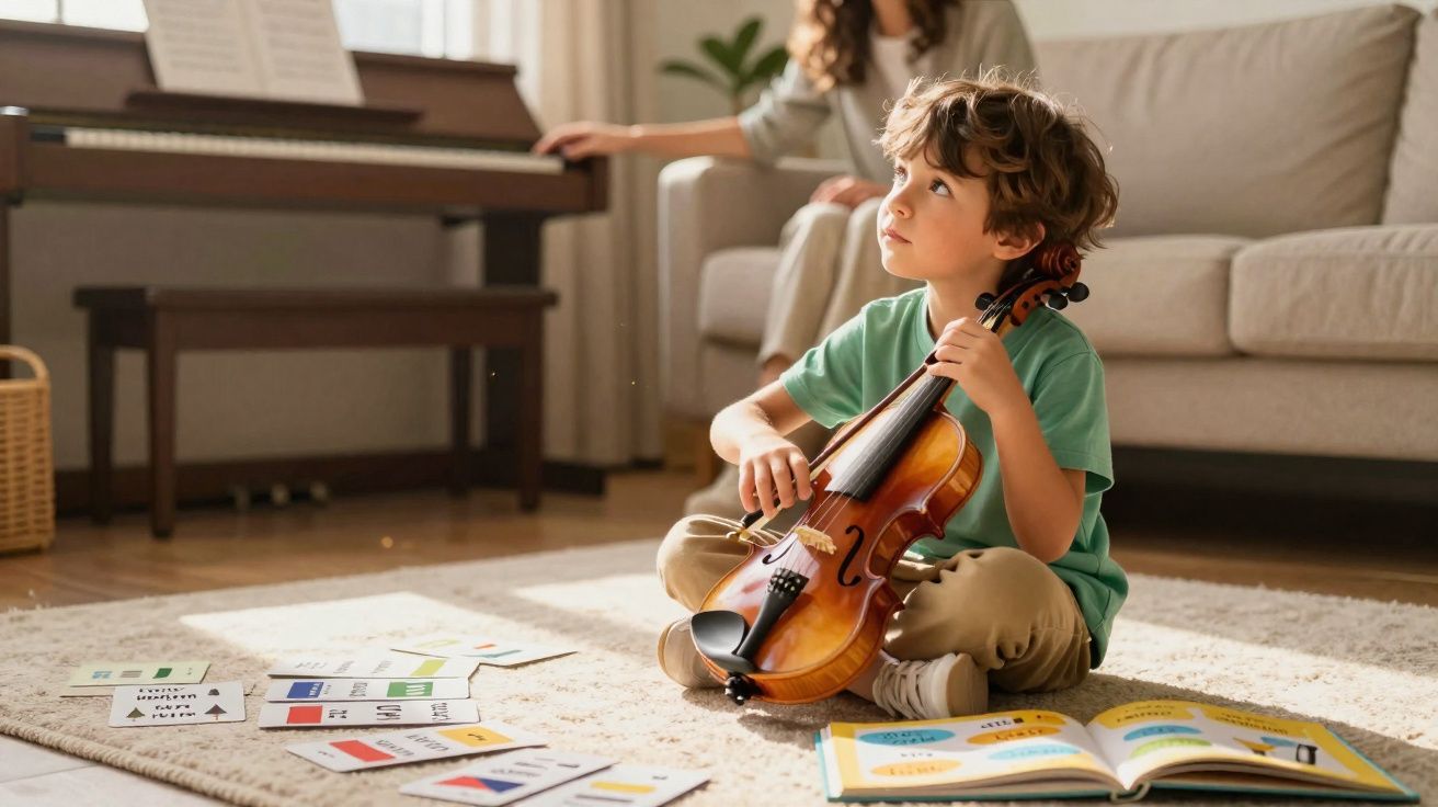 Young boy sitting cross-legged on a carpet, holding a violin, with music books and sheets around him.