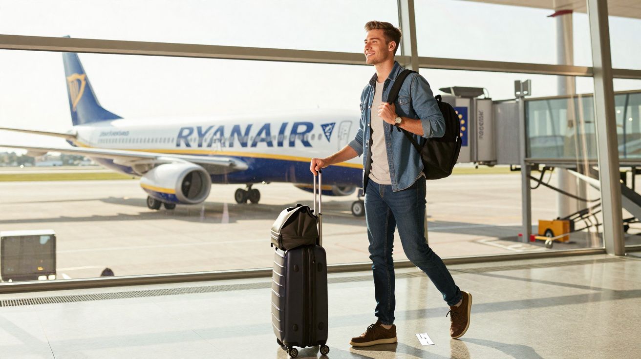 Young man with backpack and suitcase walking inside airport terminal with Ryanair airplane visible outside window