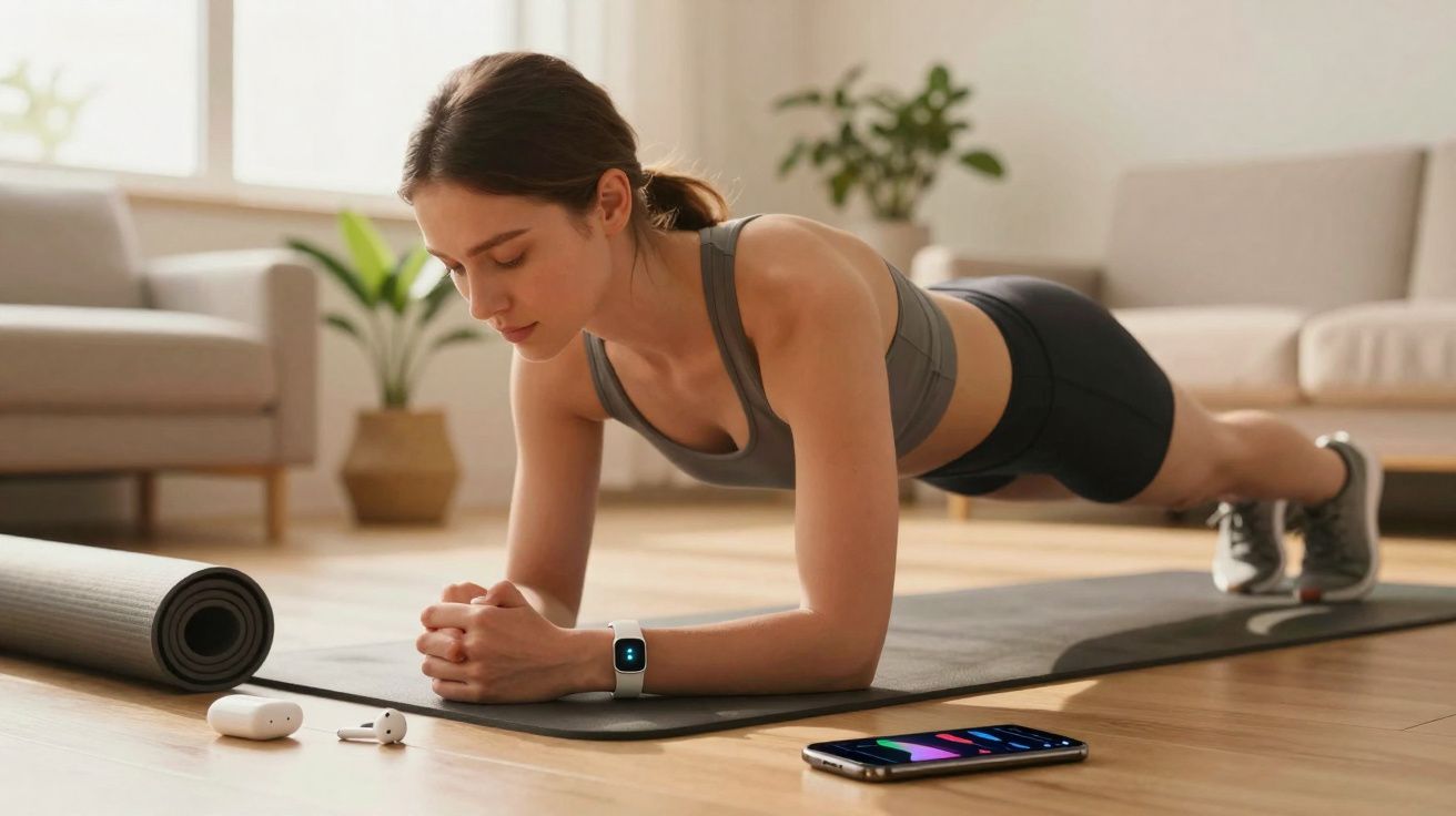 Young woman in sportswear doing a plank exercise on a yoga mat in a living room with fitness gadgets nearby.
