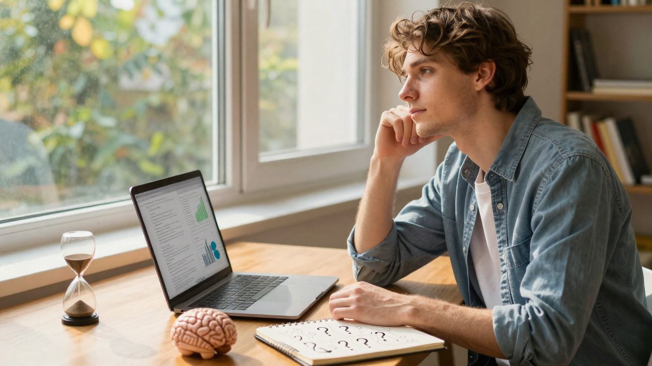 Young man in denim shirt sitting at desk with laptop, notebook with question marks, brain model, and hourglass by window