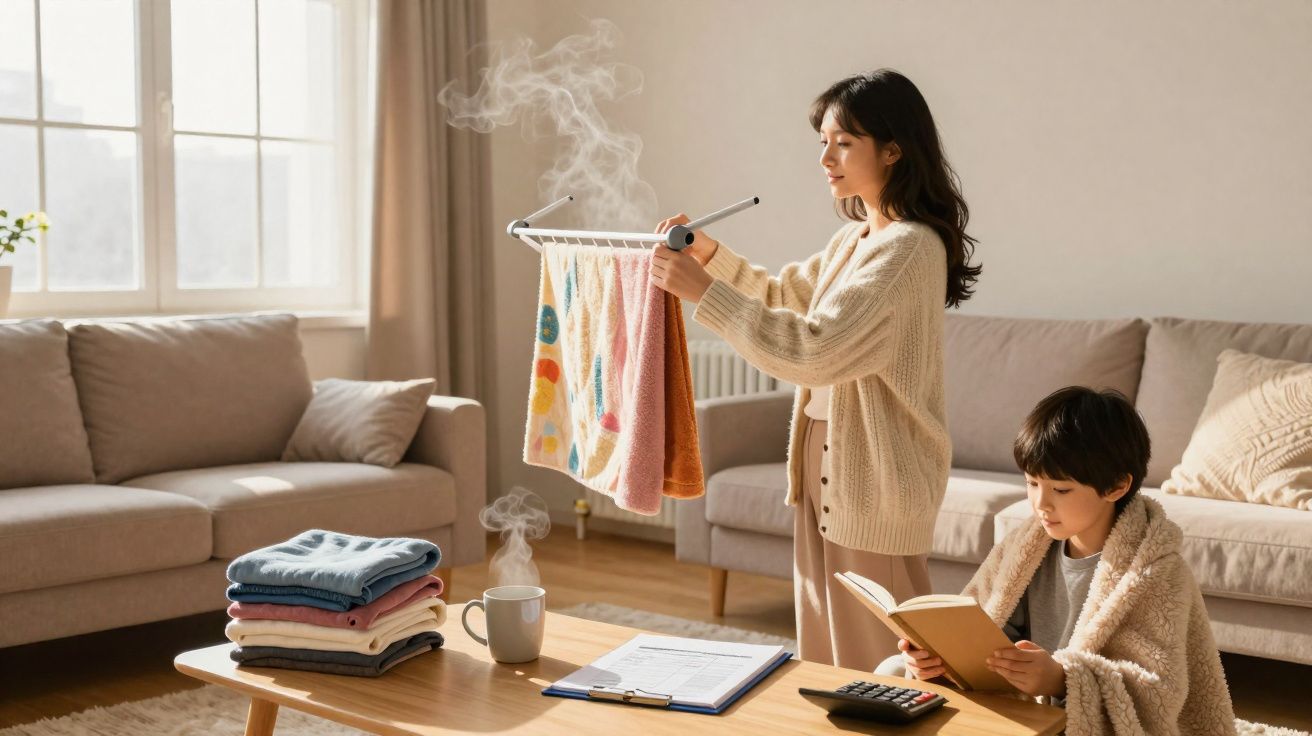 Woman steaming clothes with handheld steamer while child reads a book at a cosy living room table.