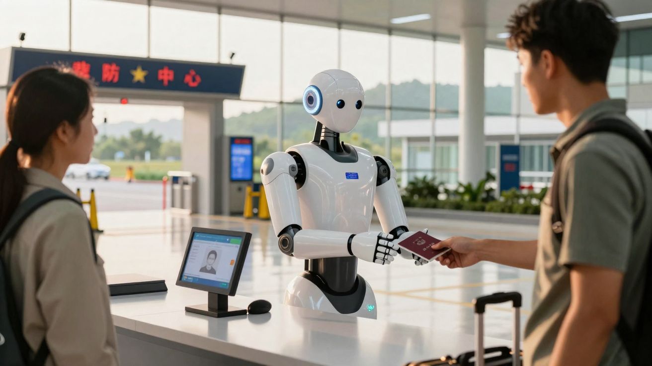 Futuristic humanoid robot checking passport of male traveller at airport desk while woman waits nearby.