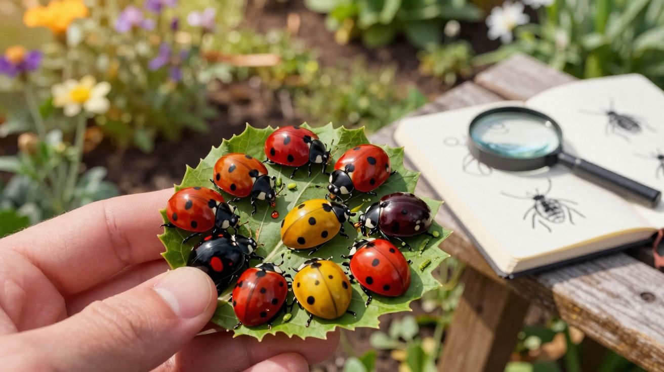 Hand holding a green leaf with various coloured ladybugs in a garden, next to a sketchbook and magnifying glass.