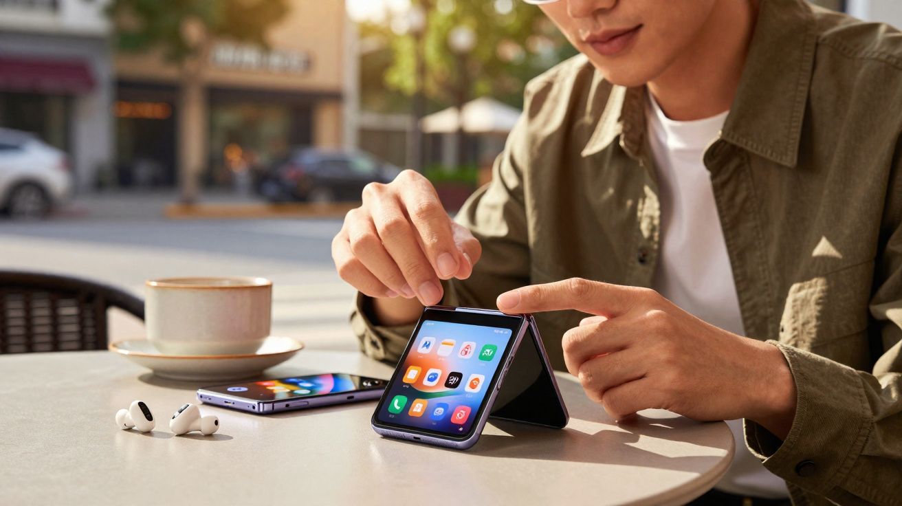 Person using a foldable smartphone at an outdoor café table with a cup of coffee and wireless earbuds nearby.
