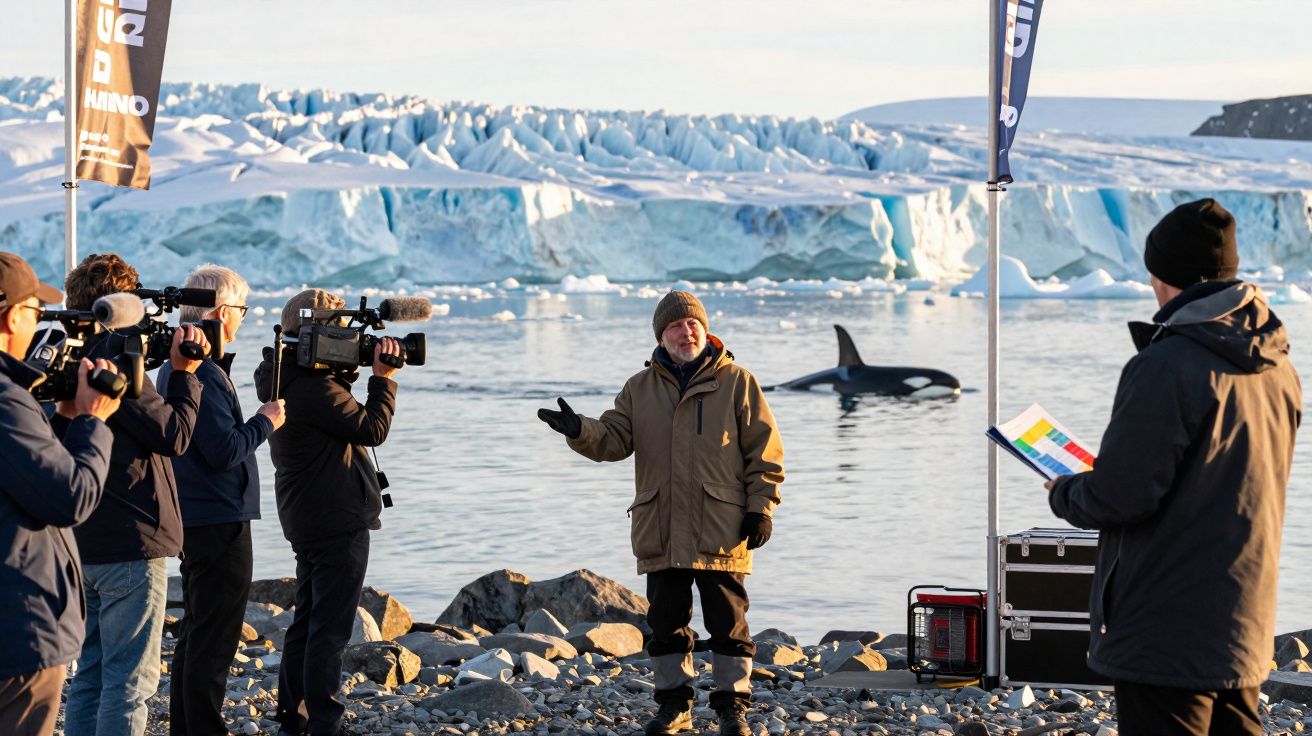 Film crew recording a man speaking by icy shore with orca whale and glacier in the background.
