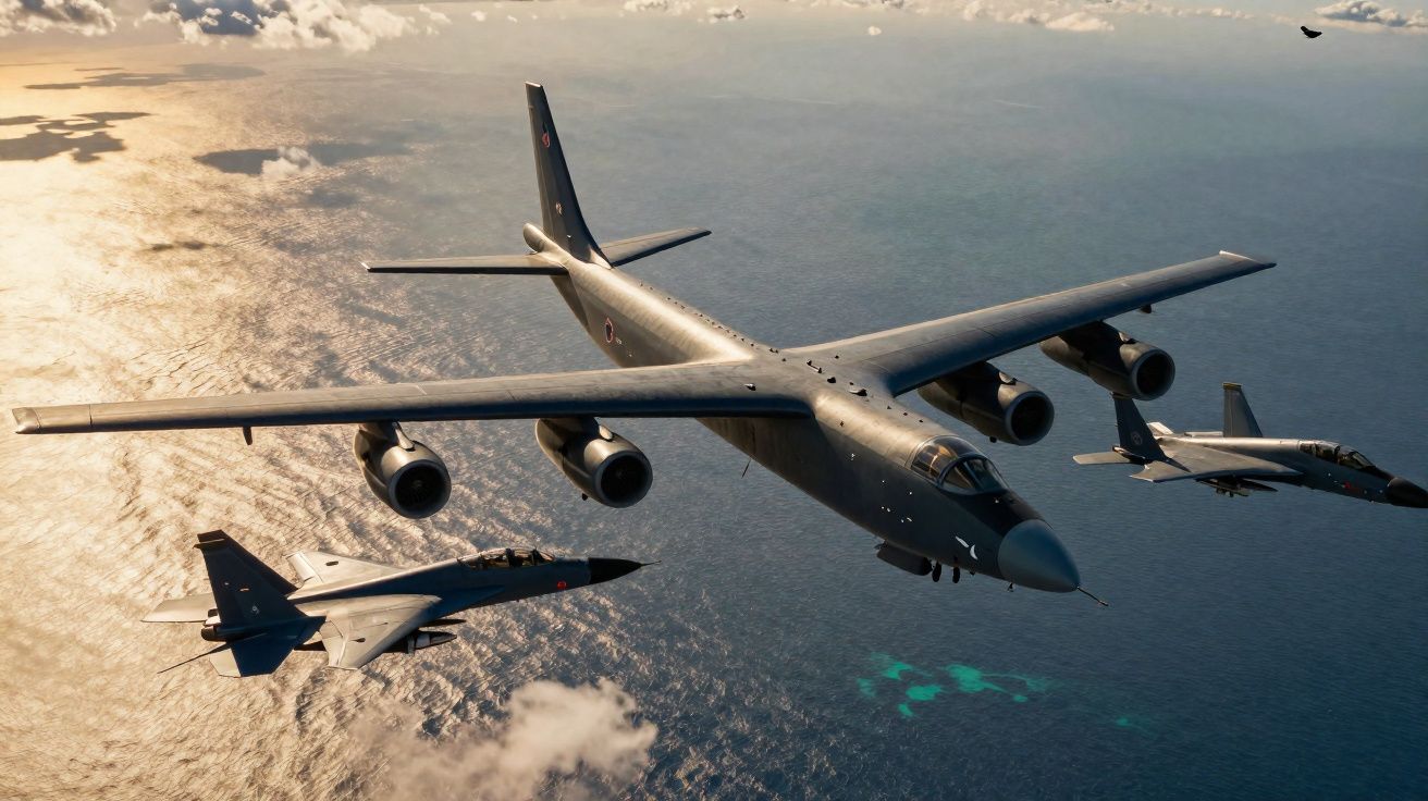 A large military bomber aircraft flying over the ocean escorted by two smaller fighter jets.