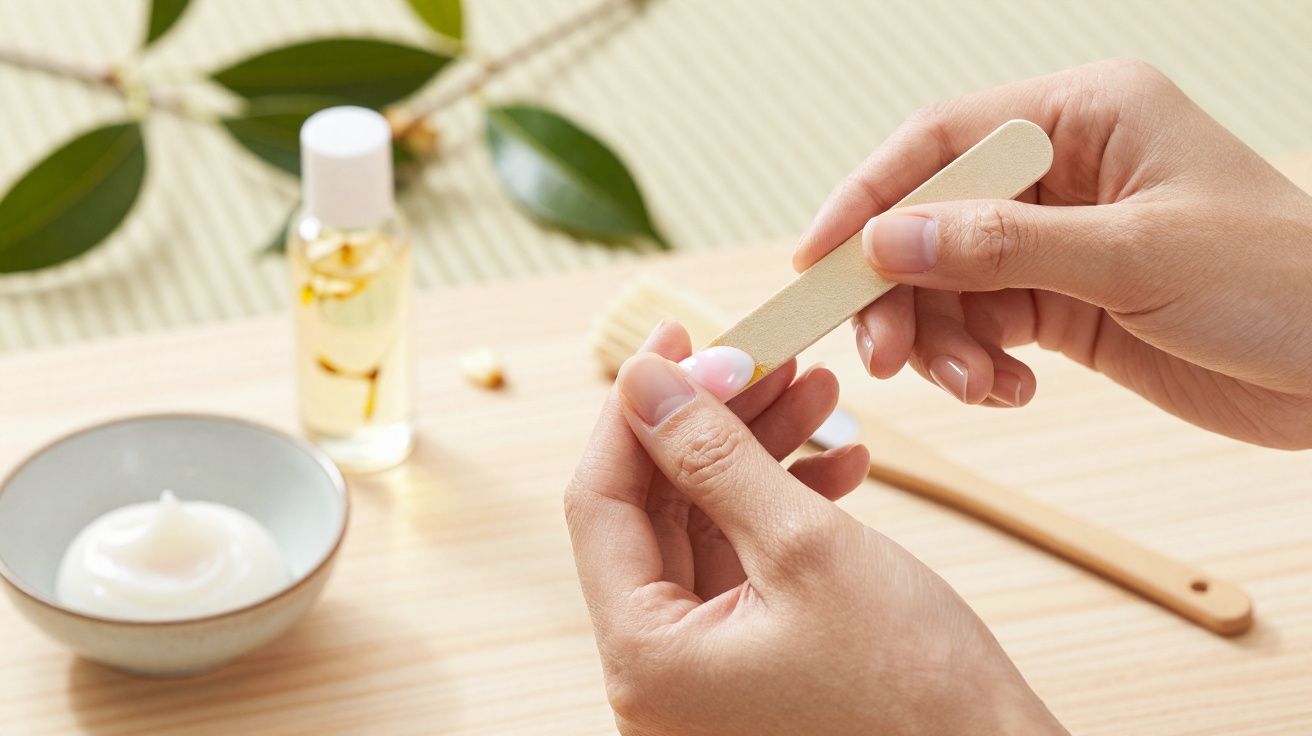 Person filing fingernails with a wooden nail file, with nail oil and cream on a wooden surface nearby.