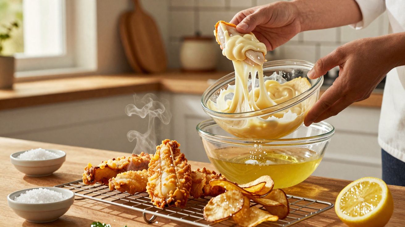 Hands dipping fried fish in creamy sauce with potato chips and lemon on a kitchen counter.