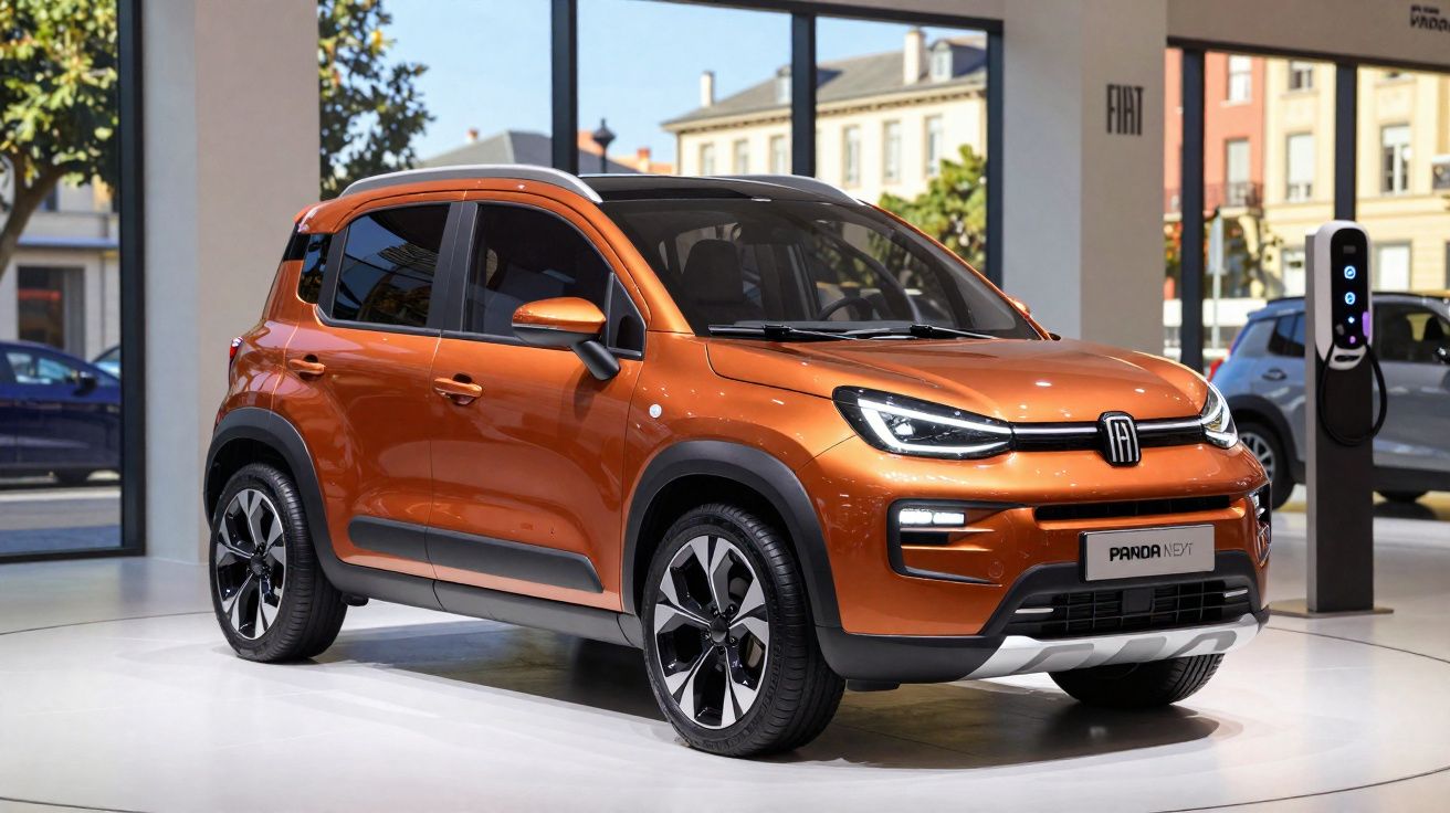Orange Fiat Panda Next compact SUV displayed indoors near an electric vehicle charging station.