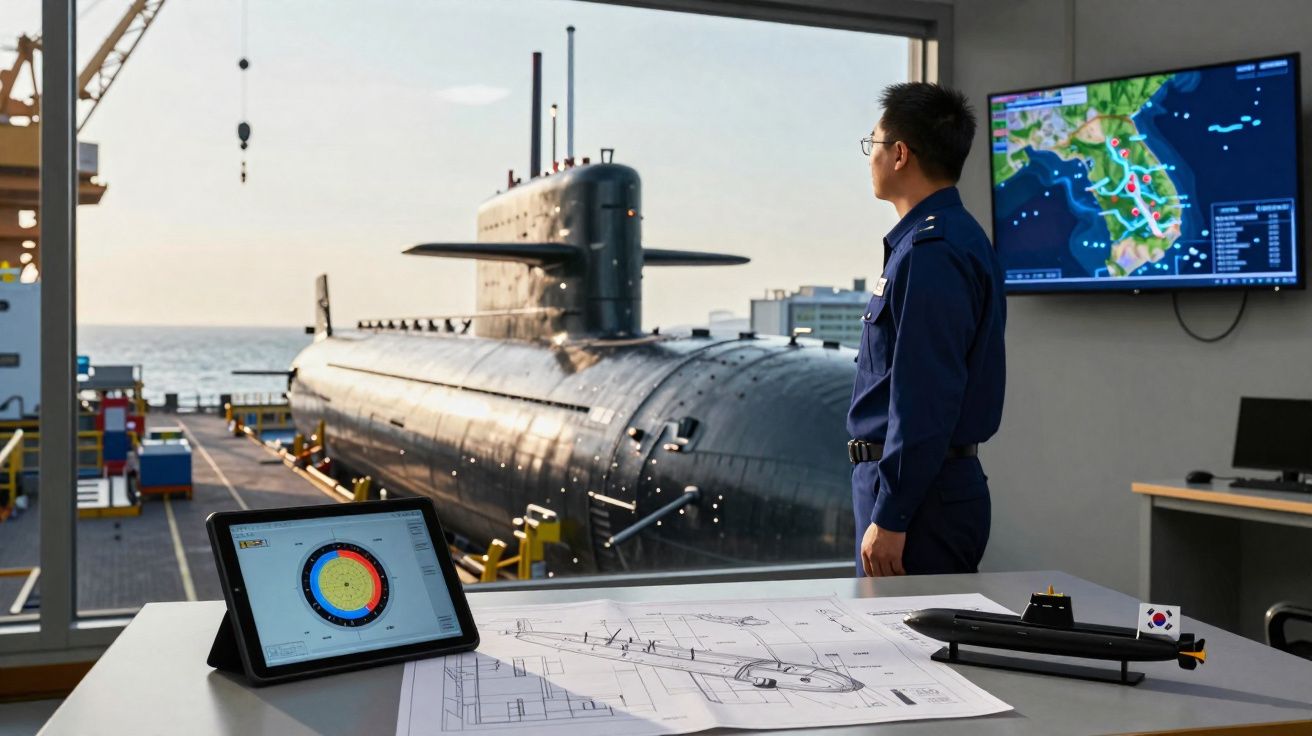 Naval officer in uniform stands by submarine model and blueprints with submarine visible outside dock window.