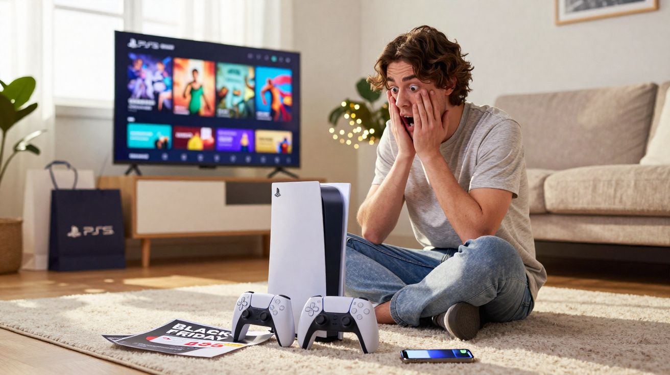 Young man sitting on carpet with shocked expression, PlayStation 5 console and controllers in front of him.