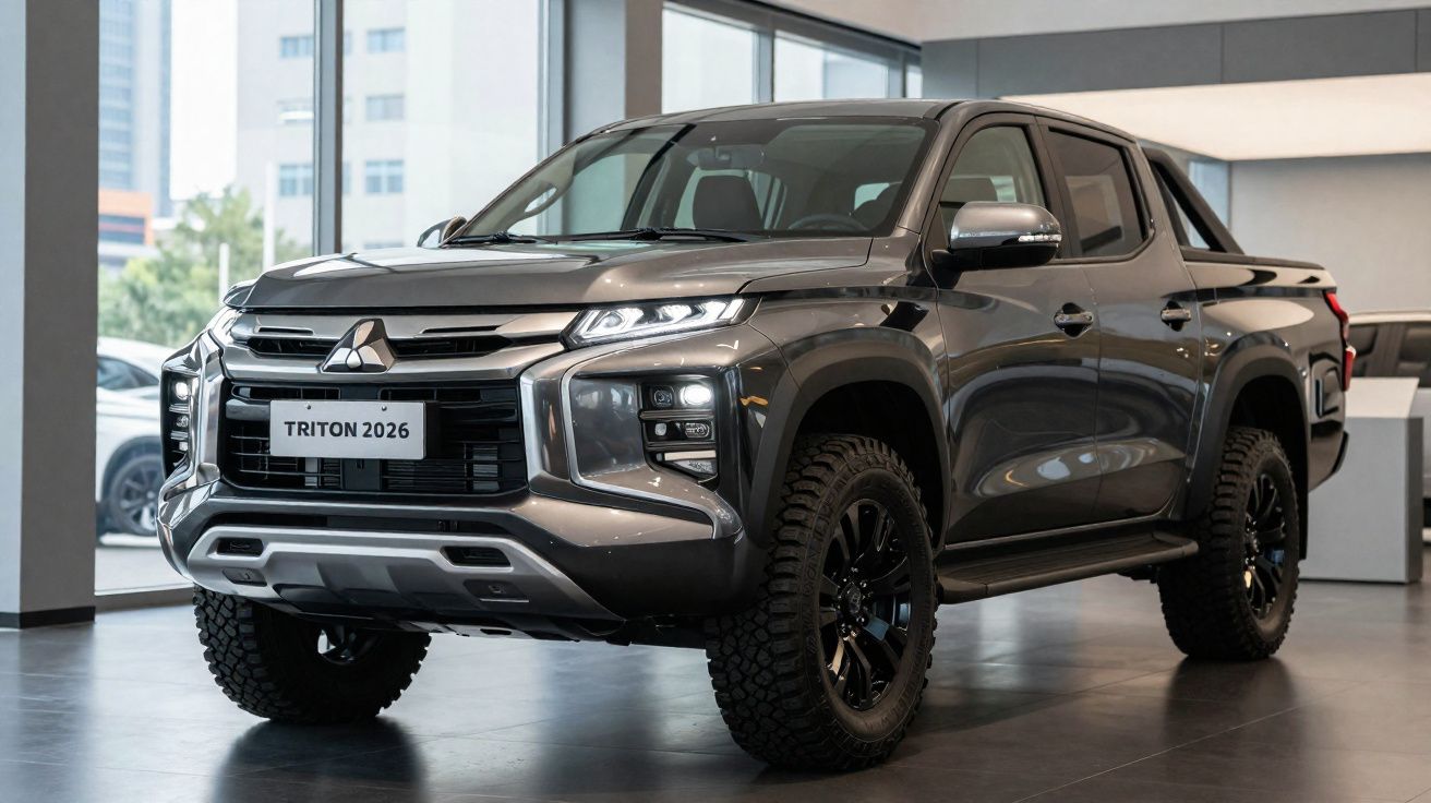 Grey 2026 Mitsubishi Triton pickup truck displayed indoors on a showroom floor.